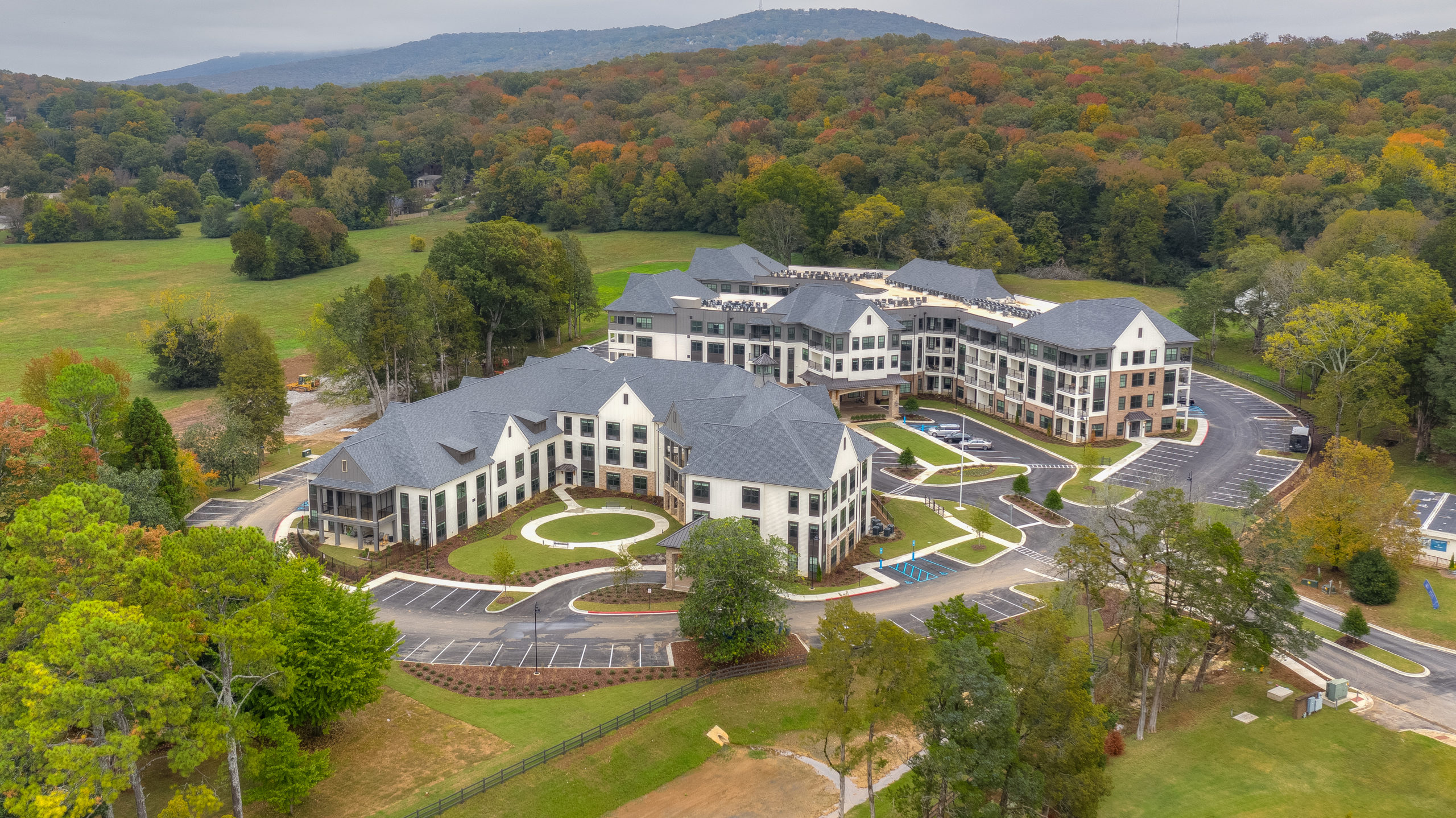 aerial view of fleming farms assisted living buildings