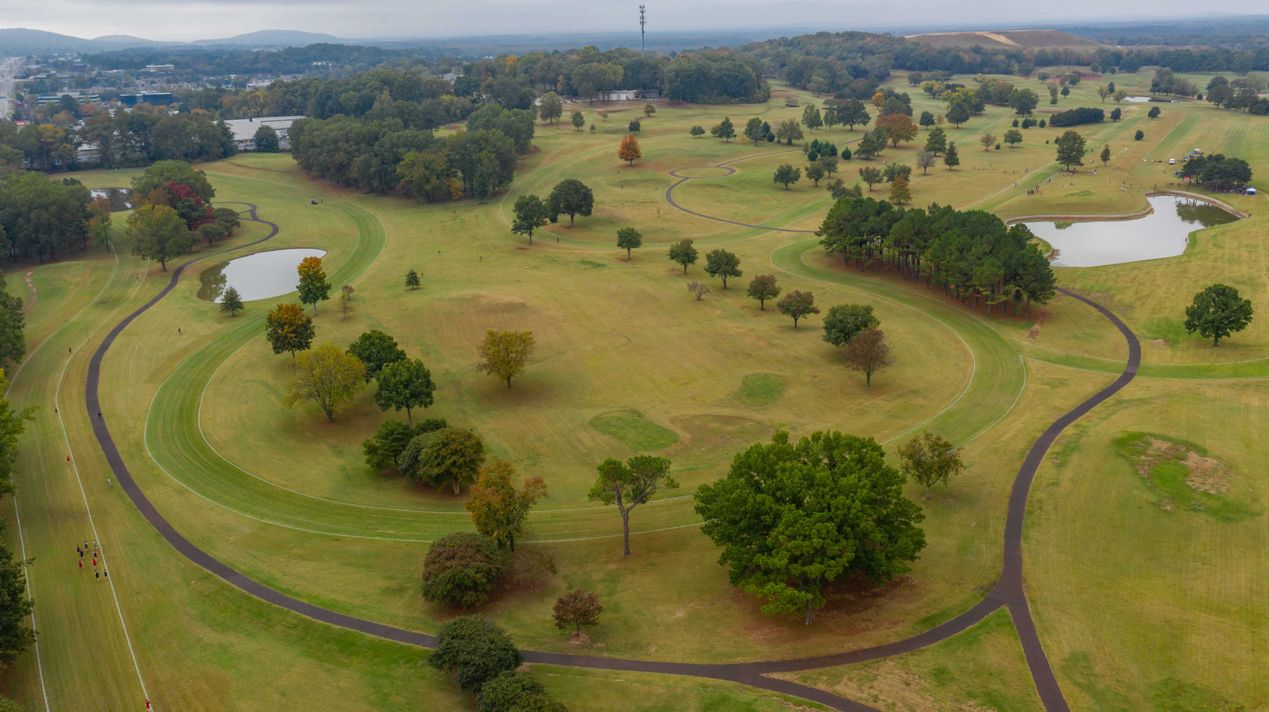 aerial view of the track and trees at john hunt park
