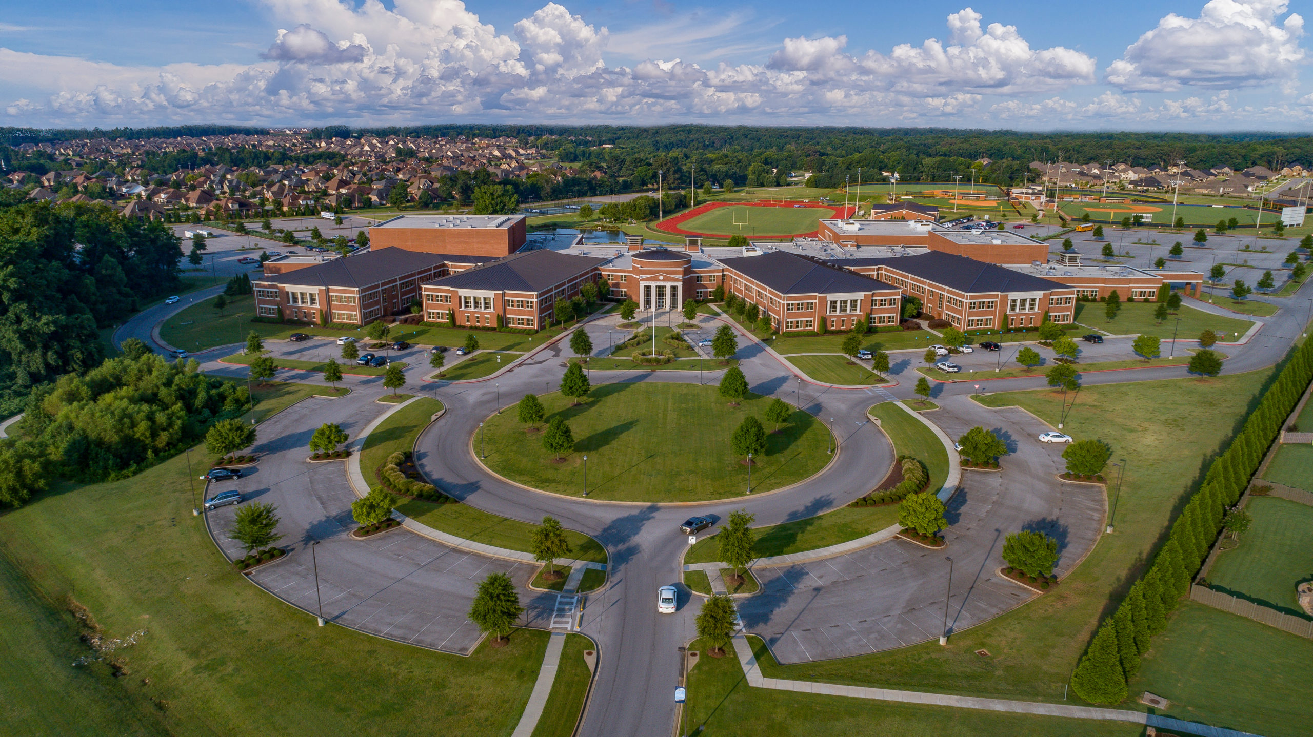 Aerial view of the entire james clemons campus including parking lot and circle drive
